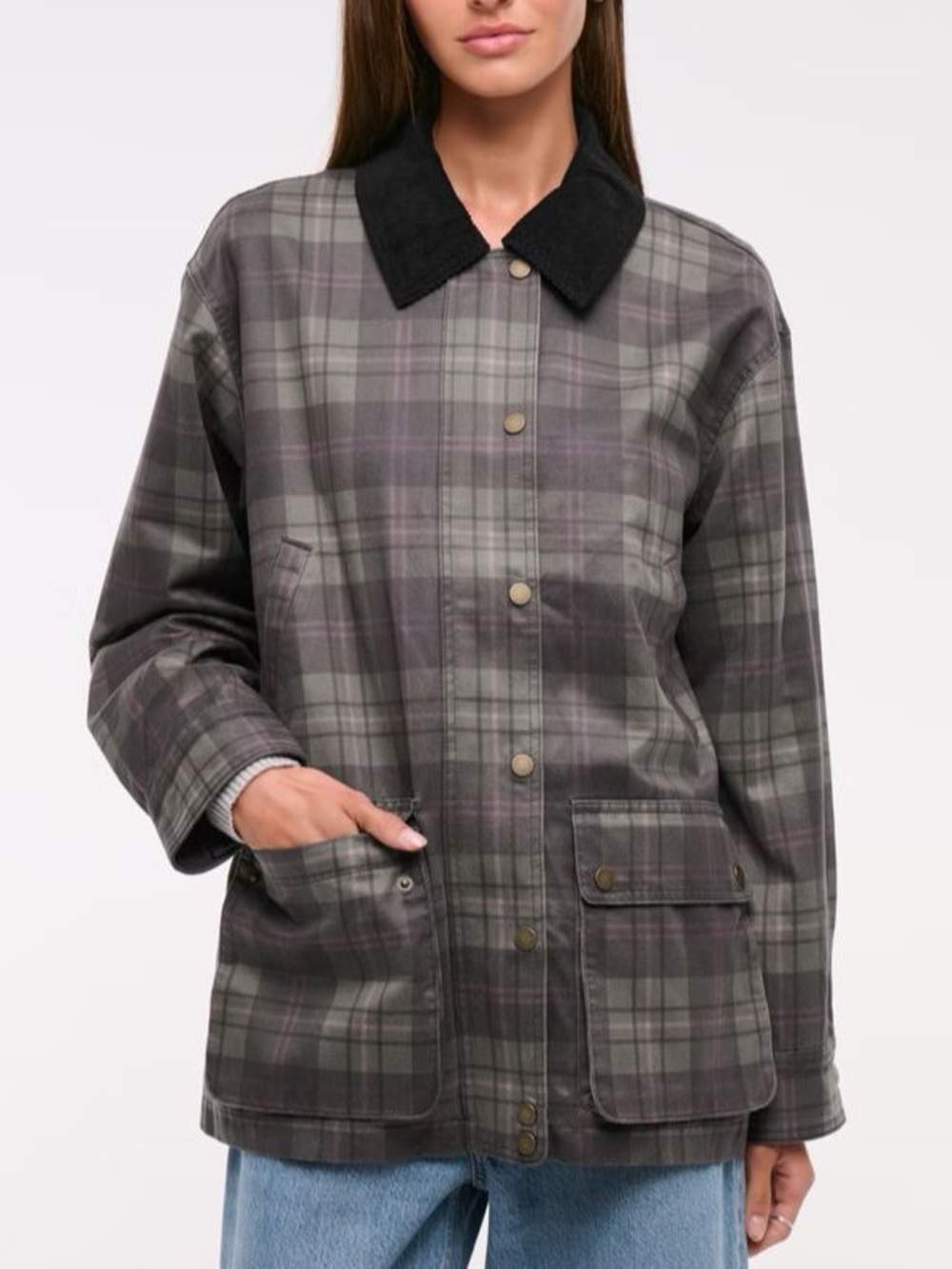 Abercrombie & Fitch S Waxed Barn Jacket Green Plaid Corduroy Collar Preppy Coat